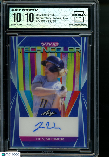 2022 Leaf Vivid Technicolor Joey Wiemer #T-JW3 /30 Arena Club 10 Auto 10