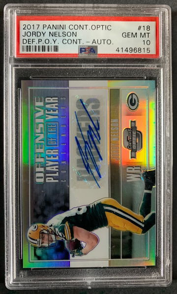 2017 Contenders Optic Jordy Nelson #OPOY-18 - Auto Offensive POY Insert SSP #d 10/25 PSA 10 GEM MINT