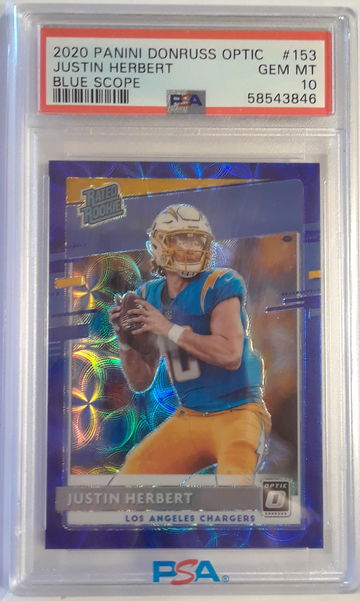 Justin Herbert 2020 Donruss Optic Blue Scope Prizm Rated Rookie PSA 10 Gem Mint #153.