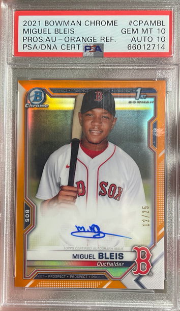2021 BOWMAN CHROME PROSPECTS TRUE ORANGE REFRACTORS MIGUEL BLEIS RC AUTO /25 PSA 10/10 GEM POP 2!