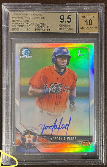 2018 YORDAN ALVAREZ REFRACRTORS BOWMAN CHROME /499 ROOKIE AUTO BGS 9.5/10 (discoloration bottom left corner of slab)
