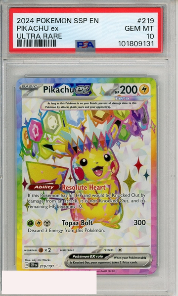 2024 POKEMON SSP EN-SURGING SPARKS PIKACHU EX #219 ULTRA RARE PSA 10