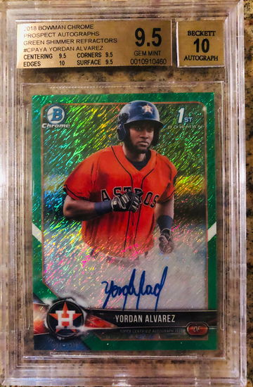 2018 Bowman Chrome Yordan Alvarez RC Green Shimmer Auto Refractor #87/99 BGS 9.5+ 10 Edges/Auto  Pop 3 & only 4 PSA 10’s