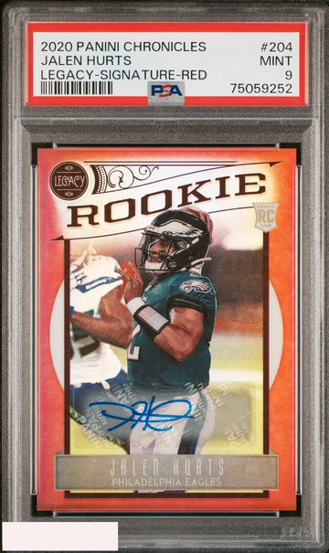 2020 PANINI CHRONICLES LEGACY JALEN HURTS #204 SIGNATURE RED 50 OF 50 RC PSA 9