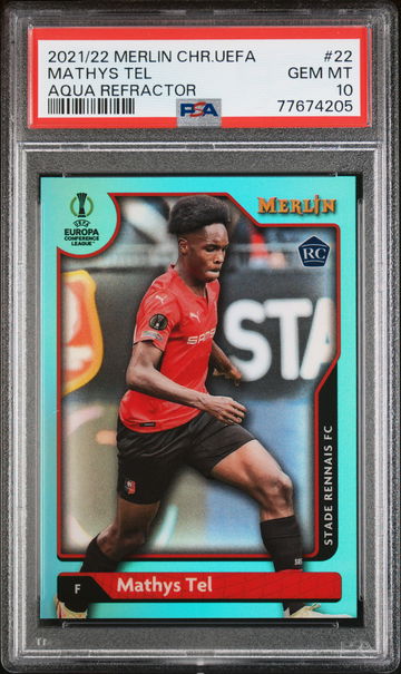 2021-2022 TOPPS MERLIN UEFA MATHYS TEL #/199 AQUA REFRACTOR #22 RC PSA 10