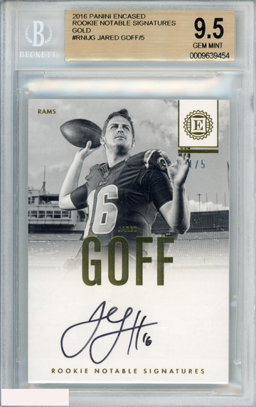 2016 ENCASED ROOKIE NOTABLE SIGNATURE JARED GOFF GOLD 1 OF 5 RC BGS 9.5 AUTO 10
