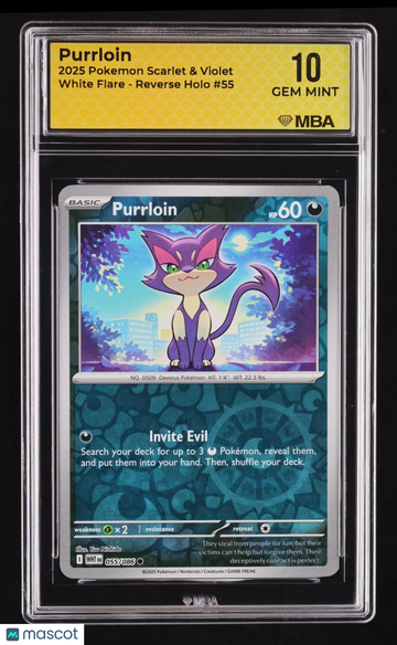 2025 Pokemon Scarlet & Violet White Flare Purrloin Reverse Holo MBA 10 #55