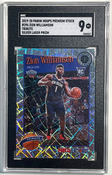 2019 2020 Panini Hoops Premium Stock #296 Zion Williamson Tribute Silver Laser Prizm SGC 9