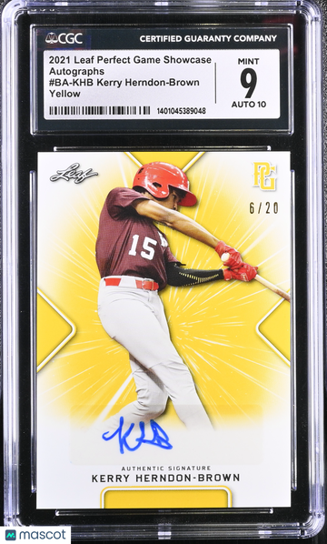 2021 Leaf Perfect Game Showcase Kerry Herndon-Brown #BA-KHB Yellow Autographs CGC 9 Auto 10