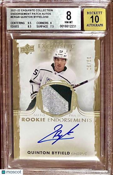 /50 RPA Quinton Byfield 2021 UD The Cup Exquisite RC Rookie Patch Auto 10 BGS 8