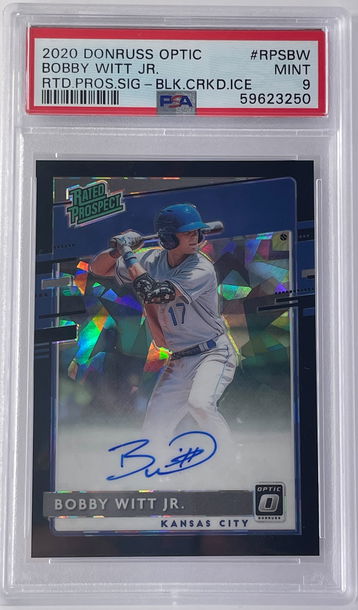 2020 Panini Donruss Optic Bobby Witt Jr. Black Cracked Ice Auto /25 PSA 9 Card #RPSBW Rated Prospect Royals 