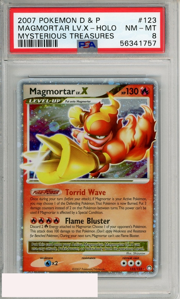2007 POKEMON DP MYSTERIOUS TREAS MAGMORTAR LV X-HOLO #123 PSA 8 NM-MT