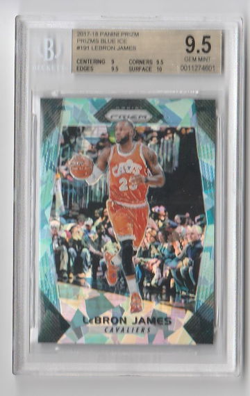 BGS 9.5 GEM MINT 2017-18 PANINI PRIZM BLUE ICE LEBRON JAMES CARD IS #54/99 MADE CARD IS #191