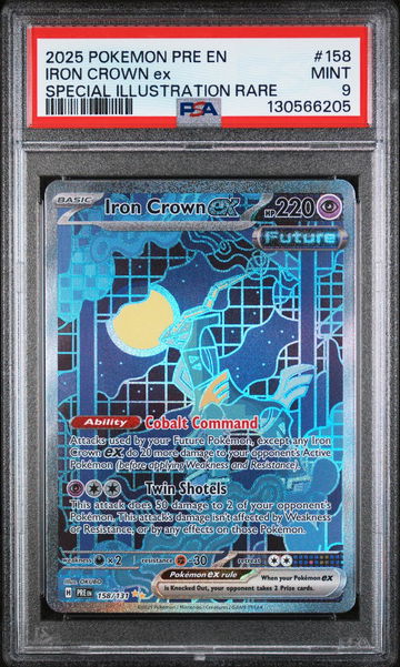 2025 Pokemon Scarlet and Violet Prismatic Evolutions Special Illustration Rare Iron Crown Ex #158 PSA 9