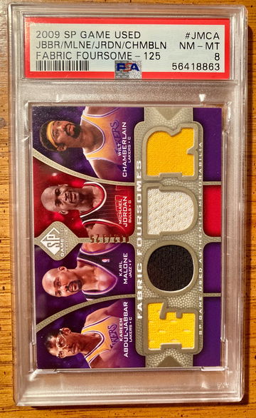 2009 SP Game Used Fabric Foursomes Michael Jordan Wilt, Kareem, and Malone /125 PSA 8