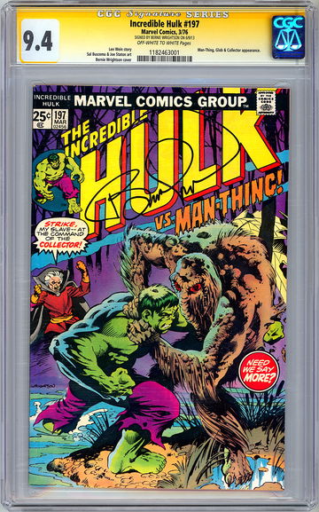 INCREDIBLE HULK #197 CGC-SS 9.4 *SIGNED BERNIE WRIGHTSON* HULK vs MAN-THING 1976