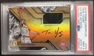 TRAE YOUNG 2018-19 Panini Chronicles Gold Standard Rookie Patch Auto #/99  PSA 9