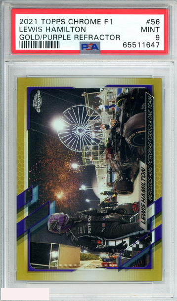 2021 TOPPS CHROME FORMULA 1 LEWIS HAMILTON #56 GOLD PURPLE REFRACTOR PSA 9 MINT