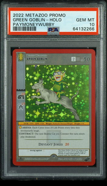💎🤑 2022 Metazoo Promo GREEN GOBLIN 😈-FULL HOLO PAYMONEYWUBBY 💵🌲 PSA 10 🦁