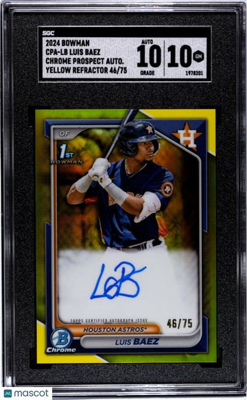 2024 Bowman Luis Baez #CPA-LB Cpa Yellow Refractor SGC 10 Auto 10