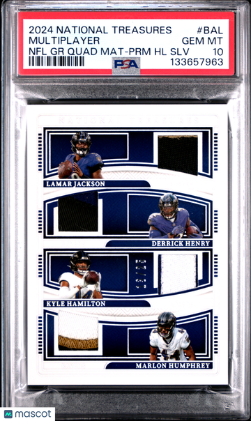 2024 Panini National Treasures NFL Gear Quad Materials Multiplayer #BAL GR PRM HL SLV PSA 10
