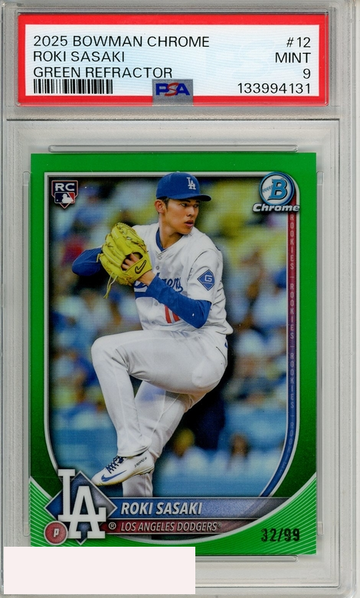 2025 BOWMAN CHROME ROKI SASAKI #12 GREEN REFRACTOR PSA 9 MINT RC