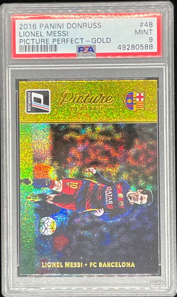 2016 Panini Donruss Lionel Messi Picture Perfect Gold refractor PSA 9 mint Barcelona