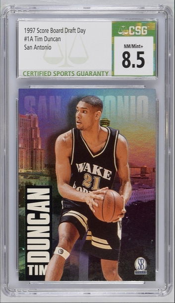 1997 Score Board Draft Day Tim Duncan Rookie Card #1A CSG 8.5 NM/Mt+