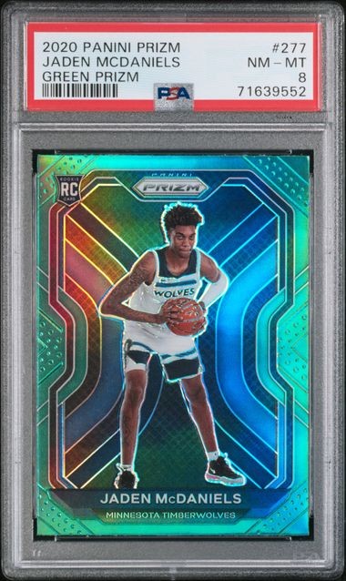 2020 PANINI PRIZM JADEN MCDANIELS GREEN PRIZM ROOKIE RC CARD #277 PSA 8