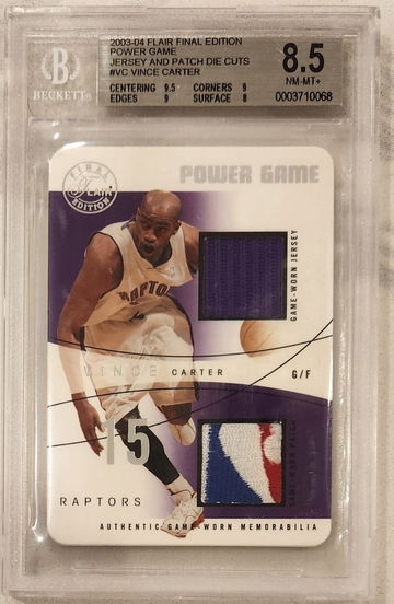 VINCE CARTER 2003-04 Flair Final Edition GAME WORN LOGO MAN Die Cut DUAL PATCH SSP /5 BGS 8.5