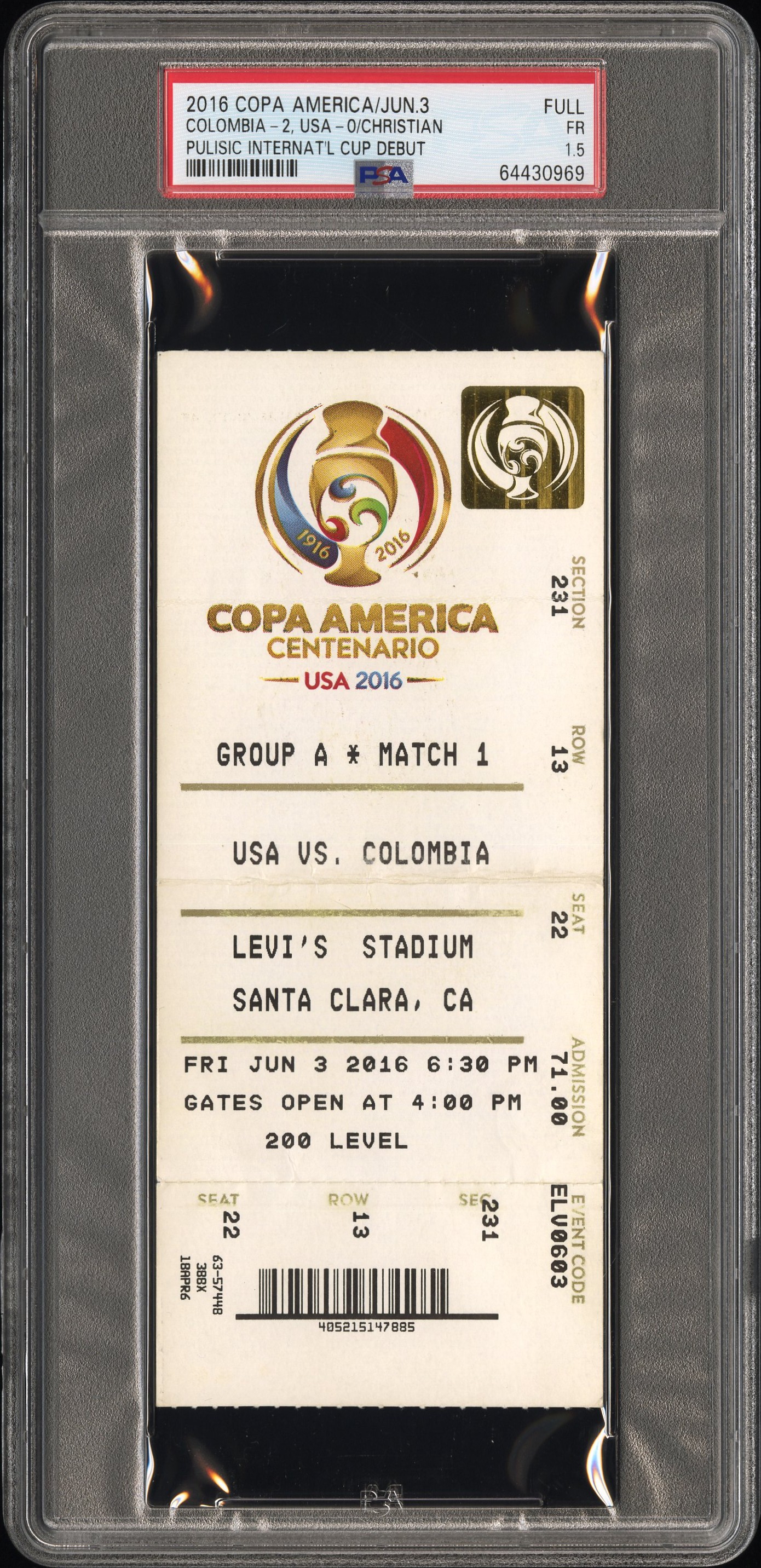 Christian Pulisic 2016 Copa America Ticket International Cup Debut PSA 1.5 USA