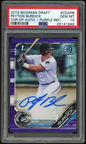 2019 Bowman Chrome PEYTON BURDICK Purple Refractor Auto RC PSA 10 Rookie #230/250
