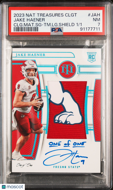 2023 Panini National Collegiate College Materials Signatures Jake Haener #JAH CLG. Mat. SG TM. LG. Shield /1 PSA 7