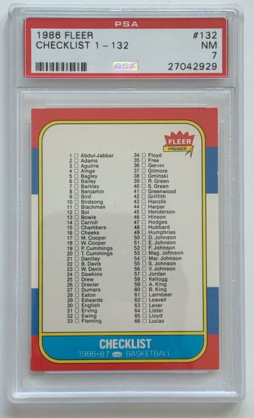 1986 Fleer Checklist PSA 7 