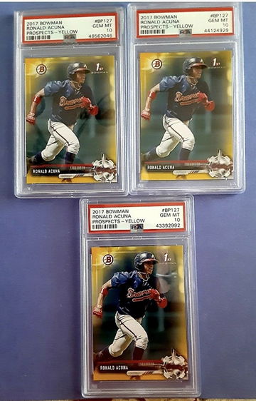 (3) 2017 Bowman Yellow Ronald Acuna PSA 10 RCs #BP127 LOT OF 3