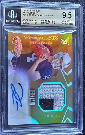 DEREK CARR 2014 CERTIFIED MIRROR GOLD JERSEY AUTO ROOKIE #216 /10 BGS 9.5 POP 3