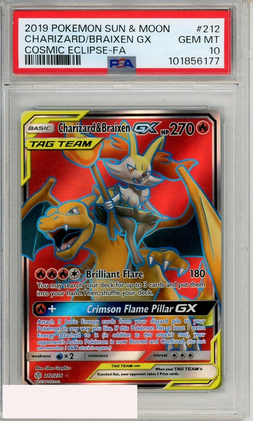 2019 POKEMON SUN MOON COSMIC ECLIPSE FA CHARIZARD BRAIXEN GX #212 PSA 10