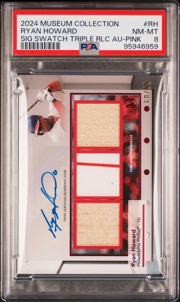 2024 Topps Museum Collection Single-Player Signature Swatches Triple Relic Autographs Pink Ryan Howard #RH /99 PSA 8