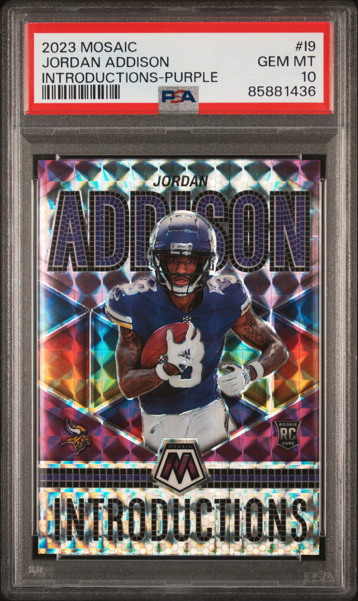 Jordan Addison 2023 Panini Mosaic #I9 Introductions Purple Prizm /49 PSA 10
