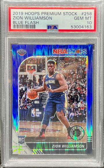 2019-20 Zion Williamson Blue Flash Prizm #27/49 NBA Hoops Premium Stock PSA 10 Rookie RC