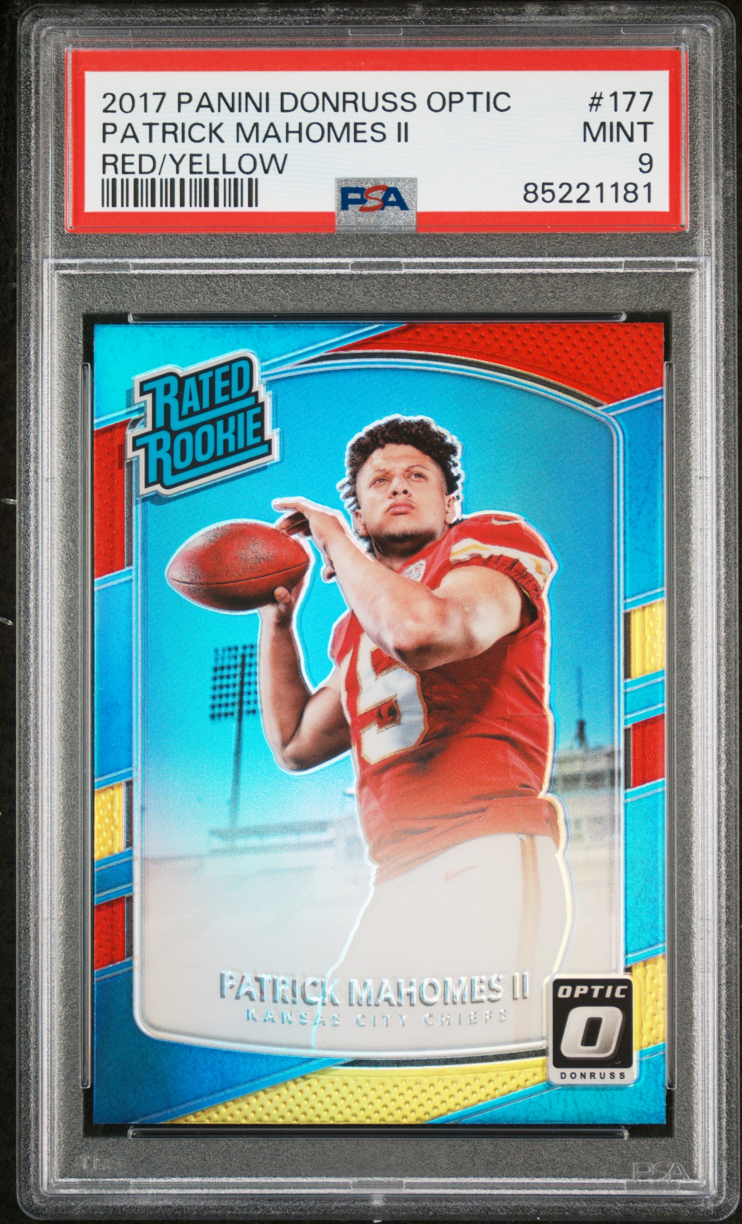 PSA 9 2017 Panini Donruss Optic Patrick Mahomes II Rookie RC Red/Yellow #177