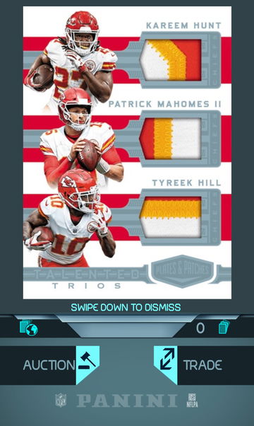 2018 Panini Plates & Patches Talented Trios Kareem Hunt Patrick Mahomes II Tyreek Hill