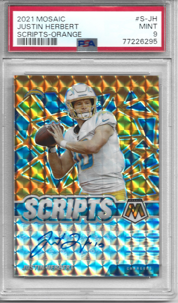 2021 Panini Mosaic Justin Herbert Scripts Orange Auto PSA 9 Mint #S-JH Chargers