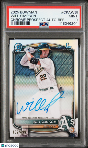 2025 Bowman Chrome Prospect Autographs Will Simpson #CPAWSI Ref /499 PSA 9