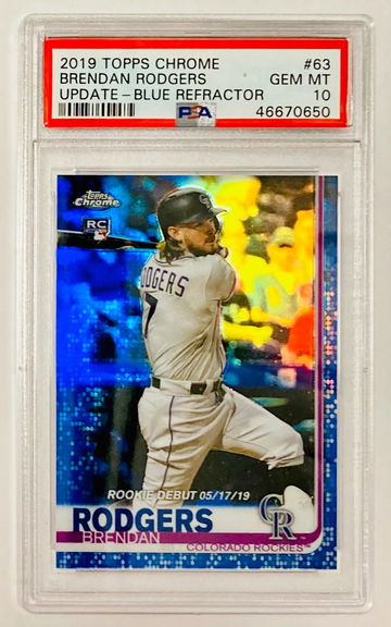 Brendan Rodgers 2019  Topps Chrome Update Blue Refractor Rookie Card RC #63 PSA 10 GEM MINT Colorado Rockies