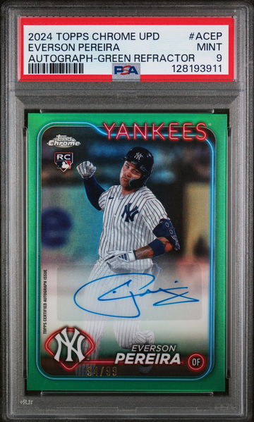 2024 Topps Chrome Update Chrome Baseball Update Series Autographs Green Refractor Everson Pereira #ACEP /99 PSA 9