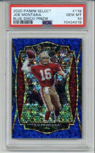 2020 PANINI SELECT BLUE DISCO PRIZM #118 JOE MONTANA 49ERS LE 03/25 PSA 10