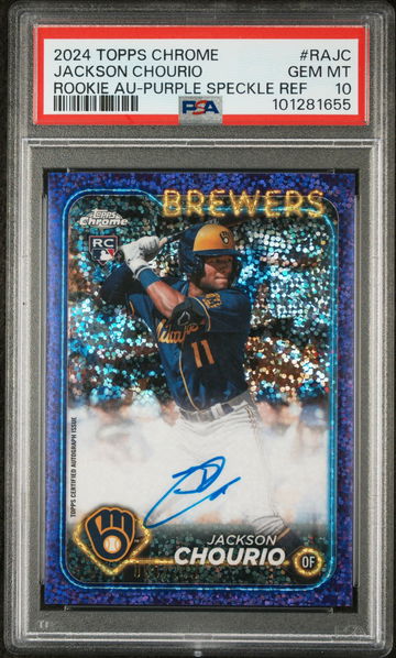2024 Topps Chrome Rookie Autograph Purple Speckle Refractor Jackson Chourio #RA-JC /299 /399 PSA 10