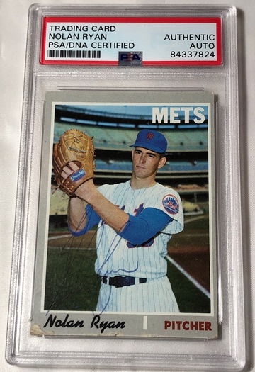   1970 TRADING CARD #712 N. RYAN AUTH (BLUE INK BALL PIN ) SIGNED  PSA/DNA CERT(CARD TORN R/LOWER CORNER)