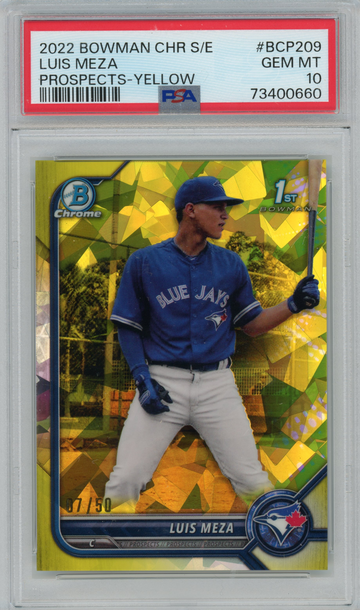 2022 Bowman Chrome Sapphire Edition Luis Meza Yellow Refractor #'d 07/50 PSA 10 GEM MINT #BCP209 Toronto Blue Jays